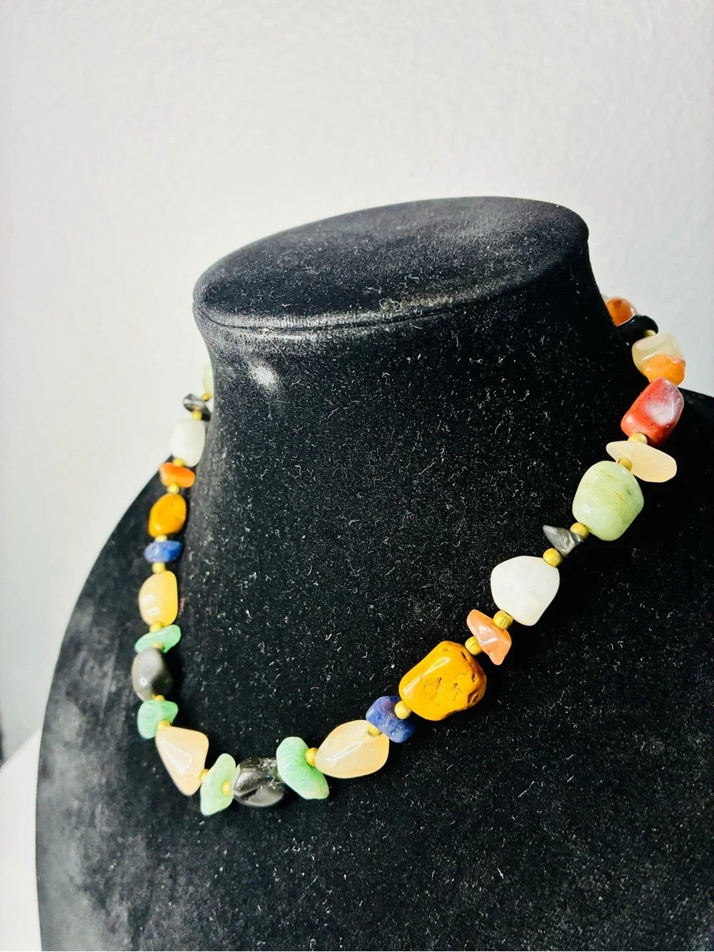 Multicolor Natural Stone Bead Necklace - Mixed Gem Accents VTG Hippie Cowgirl